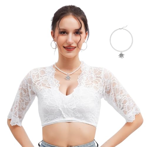 JJKOL Dirndl Bluse Damen, Dirndlbluse Spitze mit 1 Edelweißkette, Dirndlblusen Dirndl Bluse Spitze, Trachtenblusen Traditionelles Stretchhemd V-Ausschnitt Für Bayrische Tracht Oktoberfest, Weiß, L von JJKOL