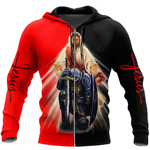 3D Christus Hoodies für Männer Frauen Jesus Knight Print Frühling Herbst Langarm Shirt USA Größe,Benevolence Zipper,XL von JJLLAZAD