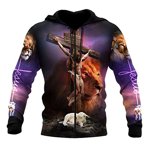 3D Christus Hoodies für Männer Frauen Jesus Knight Print Frühling Herbst Langarm Shirt USA Größe,Lamb Lion Zipper,5XL von JJLLAZAD