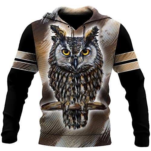 JJLLAZAD 3D Niedlicher Eulenpullover, Langarm Frühling Herbst Animal-Print Lässiger Hippie Zip Hoodie Für Herren Und Damen (USA-Größe),Brown owl Hoodie,L von JJLLAZAD