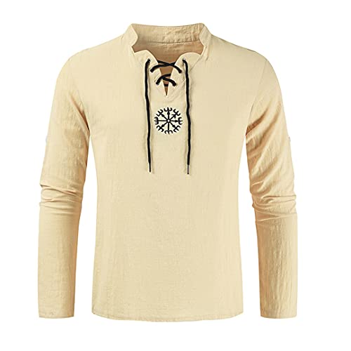 Herren Wikinger Hemd Baumwolle Und Leinen Retro Stickerei (Vegvisir) Henry Kragen T-Shirts Sommer Freizeit Strand Yoga Top,Vegvisir Khaki,L von JJLLAZAD