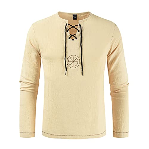 Herrenmode Baumwolle Leinen T-Shirt Mittelalter Kolovrat Amulett Slawisch Bestickt Yoga Mode Freizeit Top,Khaki,L von JJLLAZAD