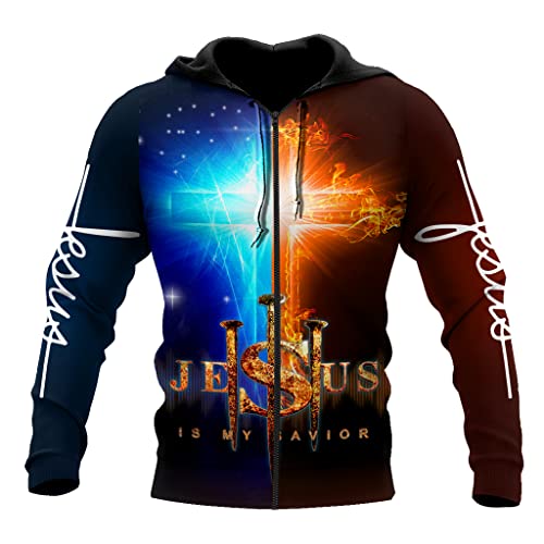 JJLLAZAD Christian Unisex Hoodie, Gott Jesus 3D Print Full Zip Casual Lose Sweatshirt Herbst Langarm Kreuz Harajuku Jacke,Ice fire Zip Hoodie,3XL von JJLLAZAD