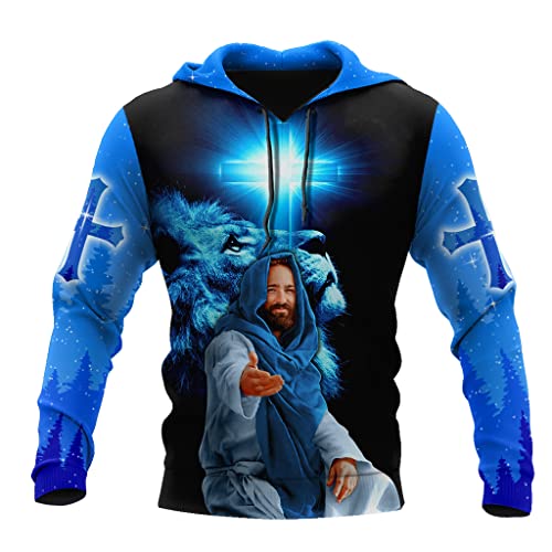 JJLLAZAD Christian Unisex Hoodie, Gott Jesus 3D Print Full Zip Casual Lose Sweatshirt Herbst Langarm Kreuz Harajuku Jacke,Jesus Blue Hoodie,S von JJLLAZAD