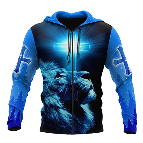 JJLLAZAD Christian Unisex Hoodie, Gott Jesus 3D Print Full Zip Casual Lose Sweatshirt Herbst Langarm Kreuz Harajuku Jacke,Lion Blue Zip Hoodie,M von JJLLAZAD