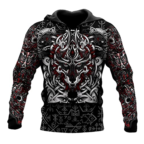 JJLLAZAD Fenrir Wolf Sweatshirt Lässige Lose 3D Drucken Wikinger Tattoo Hoodie Herbst Harajuku Herren Langarm Kordelzug Kapuzenpulli,Geri freki Hoodie,5XL von JJLLAZAD