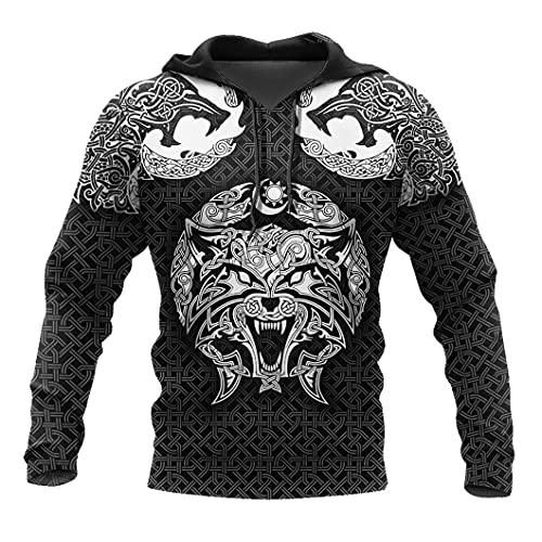 JJLLAZAD Fenrir Wolf Sweatshirt Lässige Lose 3D Drucken Wikinger Tattoo Hoodie Herbst Harajuku Herren Langarm Kordelzug Kapuzenpulli,Lunar Wolf Hoodie,5XL von JJLLAZAD