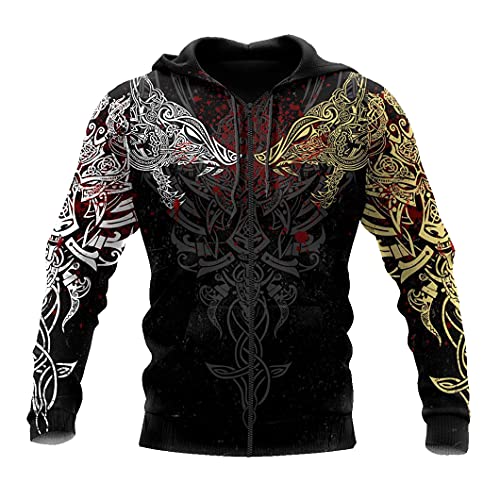 JJLLAZAD Fenrir Wolf Sweatshirt Lässige Lose 3D Drucken Wikinger Tattoo Hoodie Herbst Harajuku Herren Langarm Kordelzug Kapuzenpulli,Odin Wolf Zip Hoodie,L von JJLLAZAD