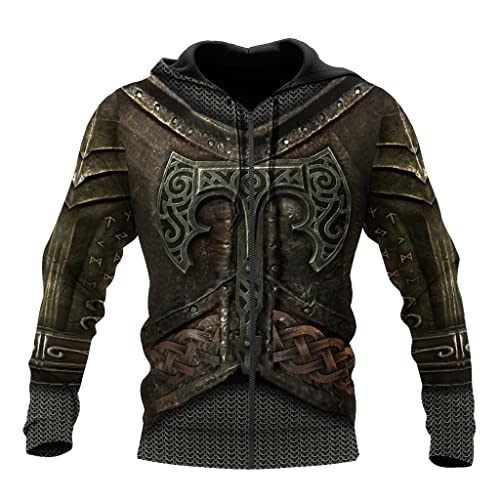 JJLLAZAD Herren Wikinger Pullover 3D vollständig bedruckter Warrior Armor Loose Hoodie Herbst Voller Reißverschluss Große Tasche Langarm Freizeitjacke,Mjölnir Zip Hoodie,L von JJLLAZAD