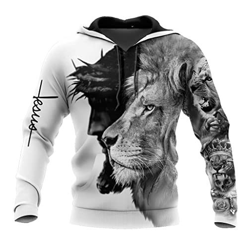 JJLLAZAD Jesus Sweatshirt Realistischer Löwe 3D Print Hoodie Christian Faith Herbst Pullover Mit Großer Tasche Und Reißverschluss Modischer Harajuku-Mantel,Jesus Lion Hoodie,5XL von JJLLAZAD