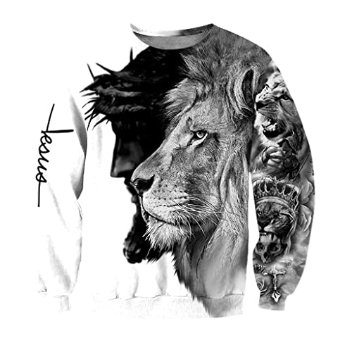 JJLLAZAD Jesus Sweatshirt Realistischer Löwe 3D Print Hoodie Christian Faith Herbst Pullover Mit Großer Tasche Und Reißverschluss Modischer Harajuku-Mantel,Jesus Lion Sweater,L von JJLLAZAD