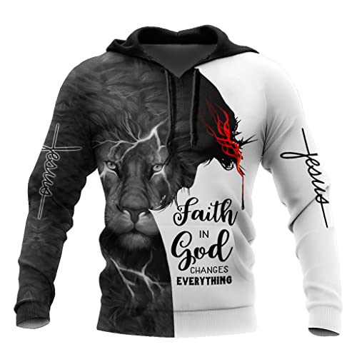 JJLLAZAD Jesus Sweatshirt Realistischer Löwe 3D Print Hoodie Christian Faith Herbst Pullover Mit Großer Tasche Und Reißverschluss Modischer Harajuku-Mantel,Lion Black Hoodie,L von JJLLAZAD