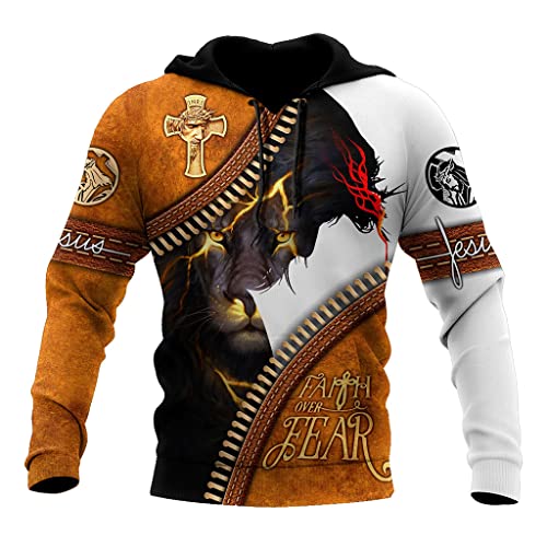 JJLLAZAD Jesus Sweatshirt Realistischer Löwe 3D Print Hoodie Christian Faith Herbst Pullover Mit Großer Tasche Und Reißverschluss Modischer Harajuku-Mantel,Lion Brown Hoodie,L von JJLLAZAD