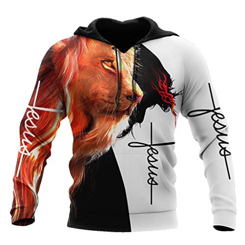 JJLLAZAD Jesus Sweatshirt Realistischer Löwe 3D Print Hoodie Christian Faith Herbst Pullover Mit Großer Tasche Und Reißverschluss Modischer Harajuku-Mantel,Lion Hoodie,M von JJLLAZAD