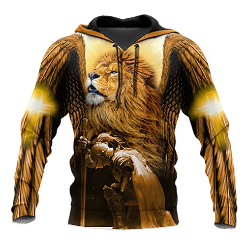 JJLLAZAD Jesus Sweatshirt Realistischer Löwe 3D Print Hoodie Christian Faith Herbst Pullover Mit Großer Tasche Und Reißverschluss Modischer Harajuku-Mantel,Lion Knight Hoodie,L von JJLLAZAD