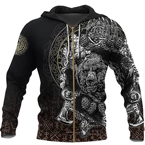 JJLLAZAD Männer Sweatshirt Viking Bear Tattoo 3D Gedruckt Harajuku Kapuzenpullover Winter Unisex Fleece Baumwolle Reißverschluss Jacke Mantel,Runic Zipper,4XL von JJLLAZAD