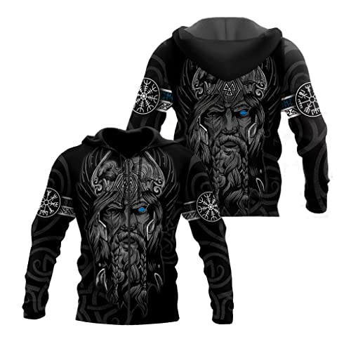 JJLLAZAD Odin Herren Hoodie, 3D Print Nordic Casual Lose Pullover Große Tasche Langarm Pullover Viking Herbst Harajuku Reißverschlussmantel,Zipper Jacket,XL von JJLLAZAD