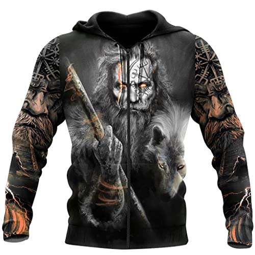 JJLLAZAD Odin Hoodie 3D-Druck 6 Farben Aegishjalmur Rune Wolf Lightning Wikingerschiff Tattoo Frühling Herbst Langarmshirt,Orange Zipper,3XL von JJLLAZAD