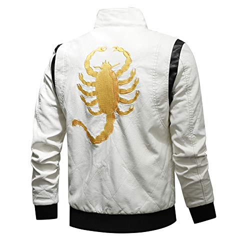 JJLLAZAD PU-Leder Motorradjacke mit Goldener Skorpion Stickerei für Herren, Polyester Futter Frühlings Herbst Reißverschluss Mäntel KH-158,Weiß,XL von JJLLAZAD