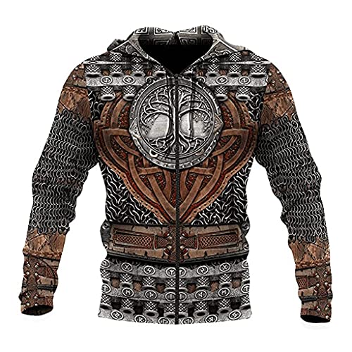 JJLLAZAD Viking Herren Rüstung Hoodie, 3D Vollständig Bedruckter Cosplay Retro Kapuzenpullover Mit Yggdrasil Muster, Herbst Freizeitjacke,Yggdrasil02 Zip Hoodie,M von JJLLAZAD