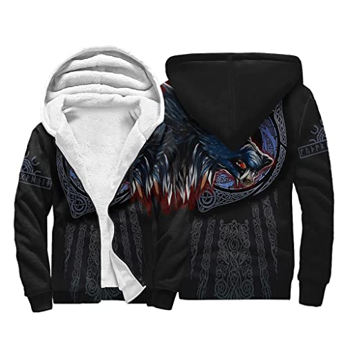 JJLLAZAD Vikings Herren Jacke Nordic Mythology 3D Print Winter Fleece Casual Full Zip Kapuzen Hoodie Sherpa Futter Warmer Mantel,Fenrir Wolf,M von JJLLAZAD