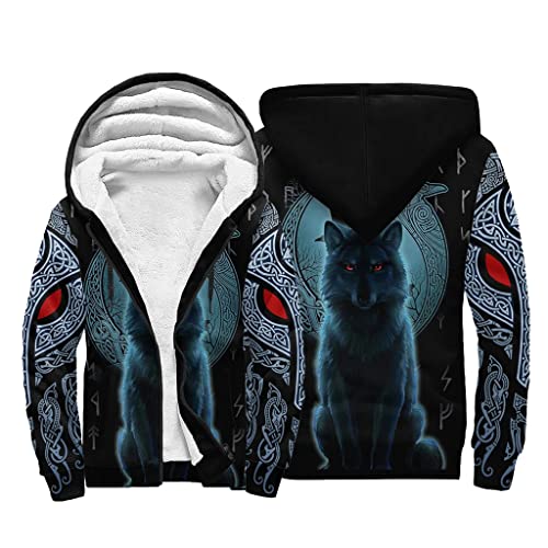 JJLLAZAD Vikings Herren Jacke Nordic Mythology 3D Print Winter Fleece Casual Full Zip Kapuzen Hoodie Sherpa Futter Warmer Mantel,Nordic Wolf,3XL von JJLLAZAD