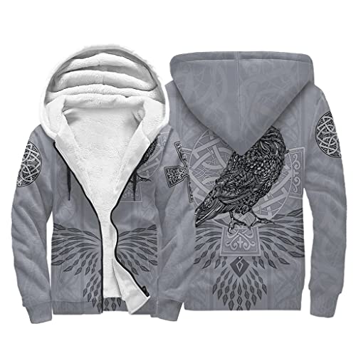 JJLLAZAD Vikings Herren Jacke Nordic Mythology 3D Print Winter Fleece Casual Full Zip Kapuzen Hoodie Sherpa Futter Warmer Mantel,Raven,M von JJLLAZAD