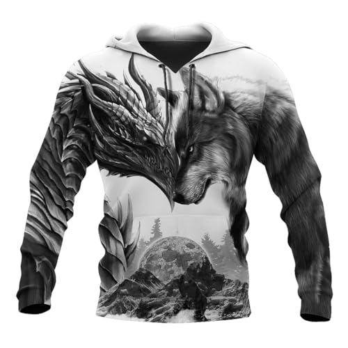 JJLLAZAD Wikinger Drachen und Fenrir Wolf Tattoo Herren Kapuzenpullover Polyester 3D Nordic Mythology Lose Beiläufige Sweatshirt Fall Jacke,Hoodie,3XL von JJLLAZAD