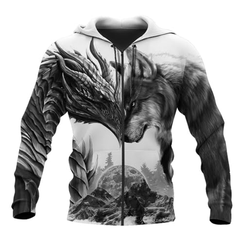 JJLLAZAD Wikinger Drachen und Fenrir Wolf Tattoo Herren Kapuzenpullover Polyester 3D Nordic Mythology Lose Beiläufige Sweatshirt Fall Jacke,Zip Hoodie,4XL von JJLLAZAD