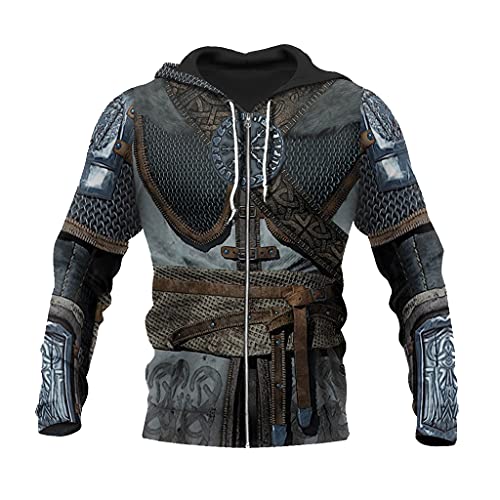 JJLLAZAD Wikinger Herren Hoodie 3D Druck Valhalla Rüstung Reißverschluss Sweatshirt Herbst Langarm Lässige Lose Pullover Jacke,Armor e Zip Hoodie,4XL von JJLLAZAD