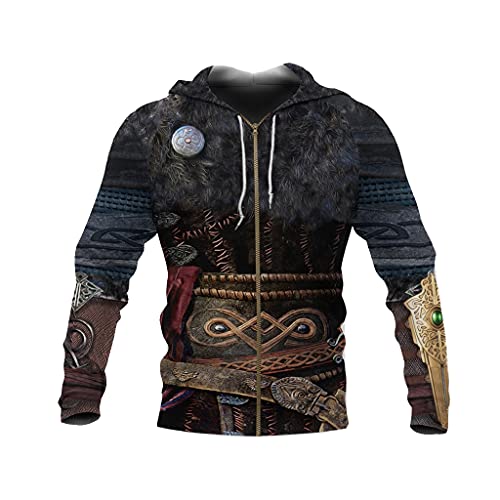 JJLLAZAD Wikinger Herren Hoodie 3D Druck Valhalla Rüstung Reißverschluss Sweatshirt Herbst Langarm Lässige Lose Pullover Jacke,Armor g Zip Hoodie,XXL von JJLLAZAD