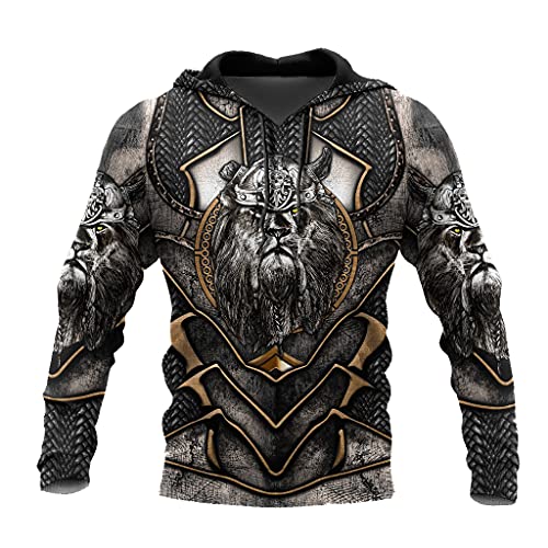 JJLLAZAD Wikinger Herren Hoodie 3D Druck Valhalla Rüstung Reißverschluss Sweatshirt Herbst Langarm Lässige Lose Pullover Jacke,Lion Helmet Hoodie,XL von JJLLAZAD