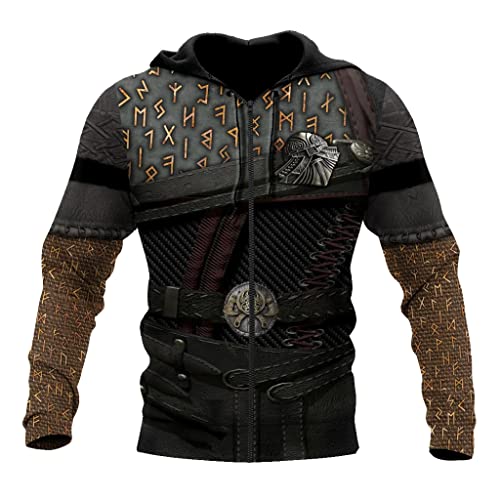 JJLLAZAD Wikinger Herren Rüstung Zip Hoodie 3D Vollständig Bedrucktes Valhalla Warrior Sweatshirt Herbst Langarm Lässige Lose Pullover Mantel,Runic Zip Hoodie,5XL von JJLLAZAD