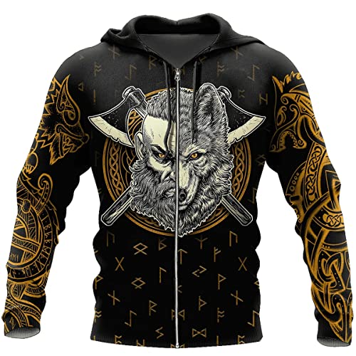 JJLLAZAD Wikinger-Hoodie 3D-Druck Nordische Mythologie Valhalla Langarm Frühling Herbst Pullover Für Herren und Damen Party Cosplay Kostüm,Bear Warrior Zipper,4XL von JJLLAZAD