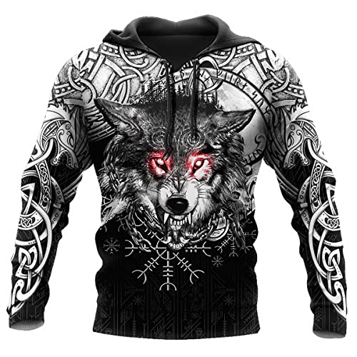 JJLLAZAD Wikinger-Hoodie 3D-Druck Nordische Mythologie Valhalla Langarm Frühling Herbst Pullover Für Herren und Damen Party Cosplay Kostüm,Fenrir Wolf Hoodie,4XL von JJLLAZAD