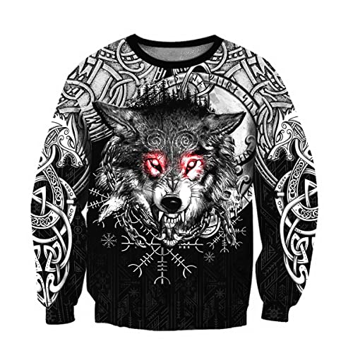 JJLLAZAD Wikinger-Hoodie 3D-Druck Nordische Mythologie Valhalla Langarm Frühling Herbst Pullover Für Herren und Damen Party Cosplay Kostüm,Fenrir Wolf Shirt,4XL von JJLLAZAD