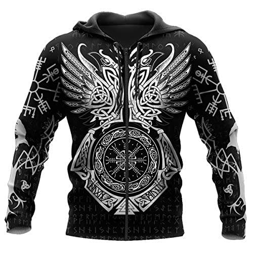 JJLLAZAD Wikinger-Hoodie 3D-Druck Nordische Mythologie Valhalla Langarm Frühling Herbst Pullover Für Herren und Damen Party Cosplay Kostüm,Helm of awe Zipper,L von JJLLAZAD
