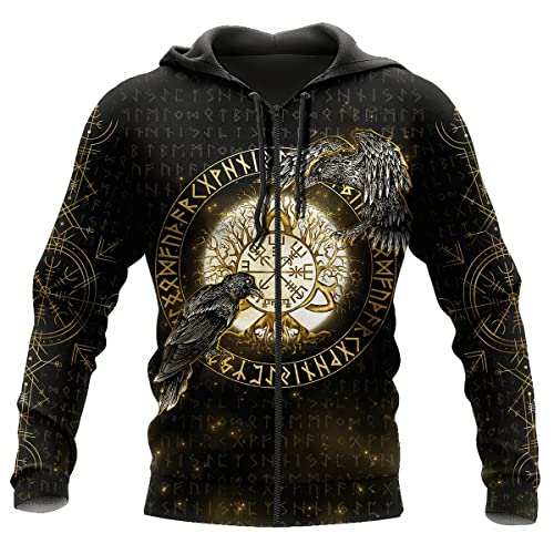 JJLLAZAD Wikinger-Hoodie 3D-Druck Nordische Mythologie Valhalla Langarm Frühling Herbst Pullover Für Herren und Damen Party Cosplay Kostüm,Hugin Munin Zipper,M von JJLLAZAD