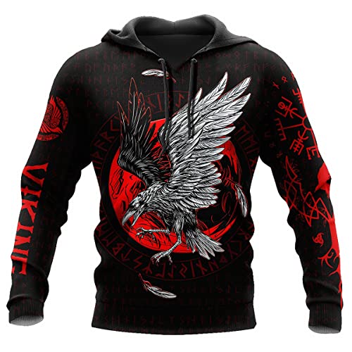 JJLLAZAD Wikinger-Hoodie 3D-Druck Nordische Mythologie Valhalla Langarm Frühling Herbst Pullover Für Herren und Damen Party Cosplay Kostüm,Odin Raven Hoodie,M von JJLLAZAD