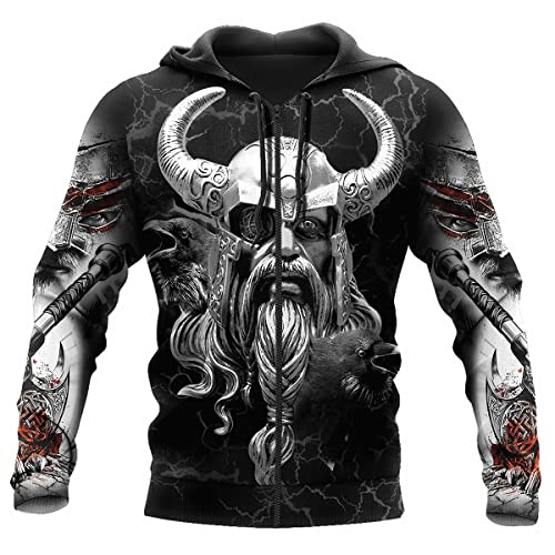 JJLLAZAD Wikinger-Hoodie 3D-Druck Nordische Mythologie Valhalla Langarm Frühling Herbst Pullover Für Herren und Damen Party Cosplay Kostüm,Odin god Zipper,XL von JJLLAZAD