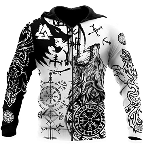 JJLLAZAD Wikinger-Hoodie 3D-Druck Nordische Mythologie Valhalla Langarm Frühling Herbst Pullover Für Herren und Damen Party Cosplay Kostüm,Skoll hati Zipper,M von JJLLAZAD