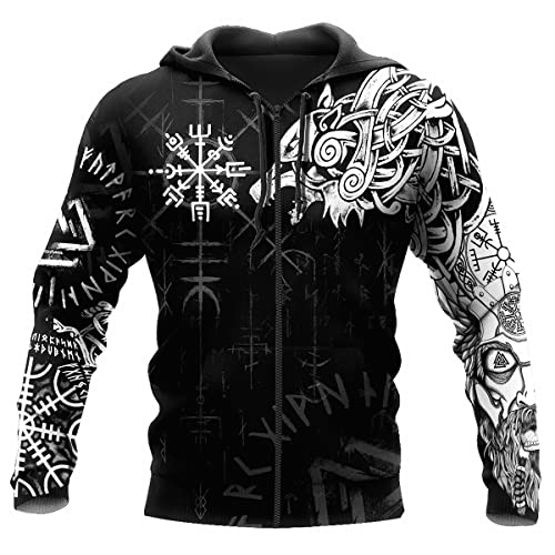 JJLLAZAD Wikinger-Hoodie 3D-Druck Nordische Mythologie Valhalla Langarm Frühling Herbst Pullover Für Herren und Damen Party Cosplay Kostüm,Wikinger Wolf Zipper,M von JJLLAZAD