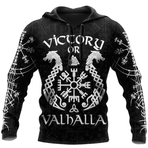 JJLLAZAD Wikinger Hoodie Herren Langarm Frühling Herbst Nordischer Mythos Runen Tattoo Skandinavische Cosplay Kostüm,Victory or Valhalla,L von JJLLAZAD