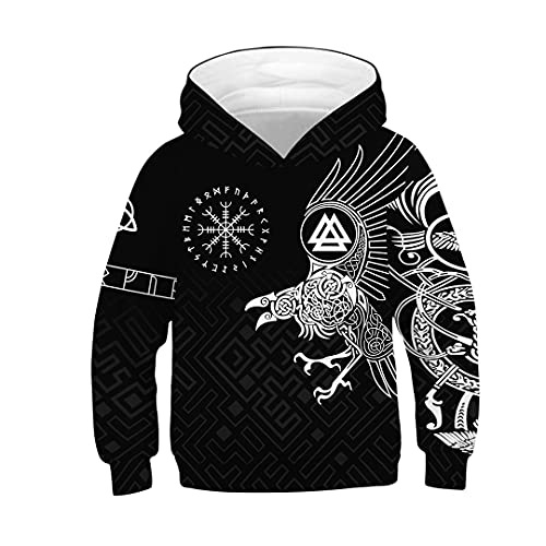 JJLLAZAD Wikinger Pullover-Hoodie 3D-Druck Familienkleidungsset Sweatshirt, Fallen Lose Lässige Kapuzenpullover Herren Damen Kinder Kapuzenpulli,Odin Raven√Child,XS von JJLLAZAD