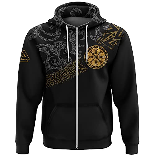 JJLLAZAD Wikinger Rune Casual Hoodie, Mit Nordischem Mythenmuster 3D Gedruckter Reißverschluss Pullover Herbst & Winter Unisex Street Jacken Mantel,Fenrir Zipper,M von JJLLAZAD