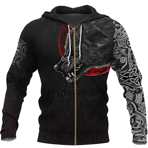 JJLLAZAD Wikinger Warrior Tattoo 3D-Druck Kapuzen-Sweatshirt Valhalla Herren Freizeitjacke Mit Großen Taschen Fallen Sie Lockerer Street-Hoodie,Odin Zipper,5XL von JJLLAZAD