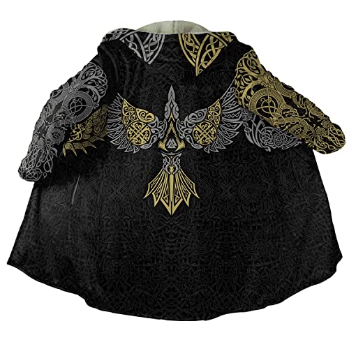 JJLLAZAD Wikinger Wintermantel Gepolstert für Männer, 3D Druck Warmer Umhang Mittellange Kapuzenjacke Cosplay Nordische Kleidung,Raven god,5XL von JJLLAZAD