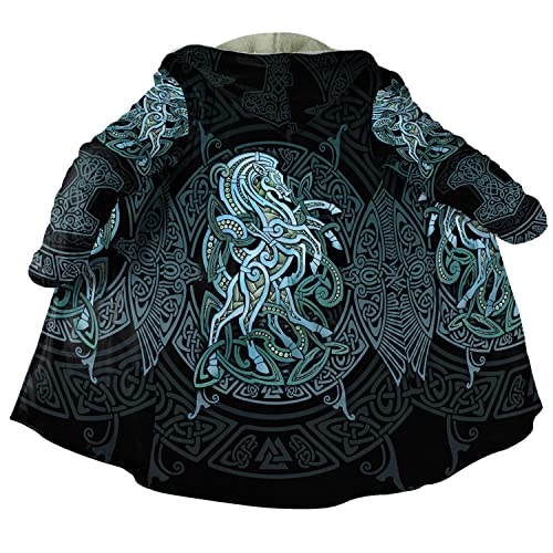 JJLLAZAD Wikinger Wintermantel Gepolstert für Männer, 3D Druck Warmer Umhang Mittellange Kapuzenjacke Cosplay Nordische Kleidung,Sleipnir,M von JJLLAZAD