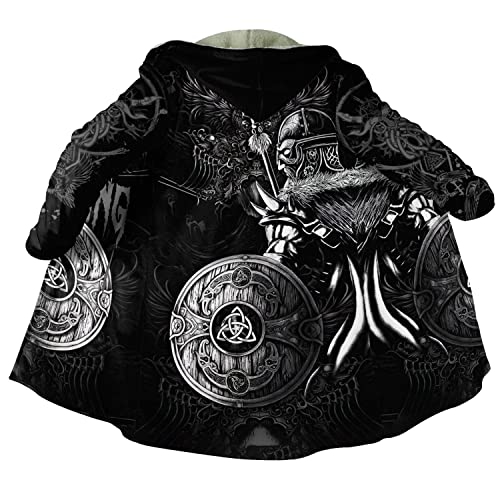 JJLLAZAD Wikinger Wintermantel Gepolstert für Männer, 3D Druck Warmer Umhang Mittellange Kapuzenjacke Cosplay Nordische Kleidung,Viking warrior,L von JJLLAZAD