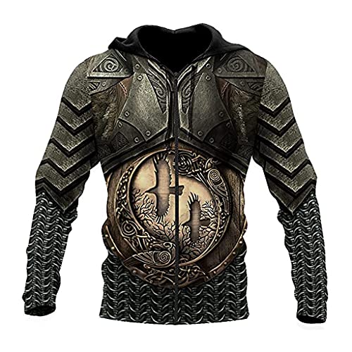 JJLLAZAD Mens Wikinger Warrior Hoodie Armor Pullover Cosplay 3D Print Retro Casual Loose Long Sleeve Zip Sweatshirt Coat,Armor(b) Zip Hoodie,XL von JJLLAZAD